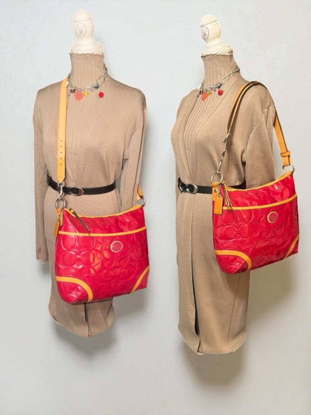 Coach Peyton Embossed C Patent Leather Hobo F20022 Pink Cerise Tan Trim Converts - Picture 2 of 9